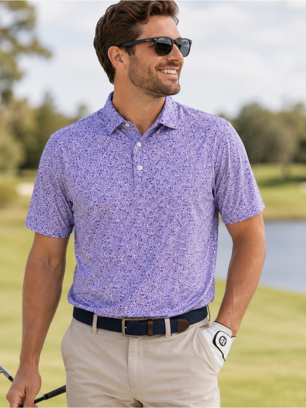 Hickey Freeman Beer Print Performance Golf Polo Purple White Men’s Large
